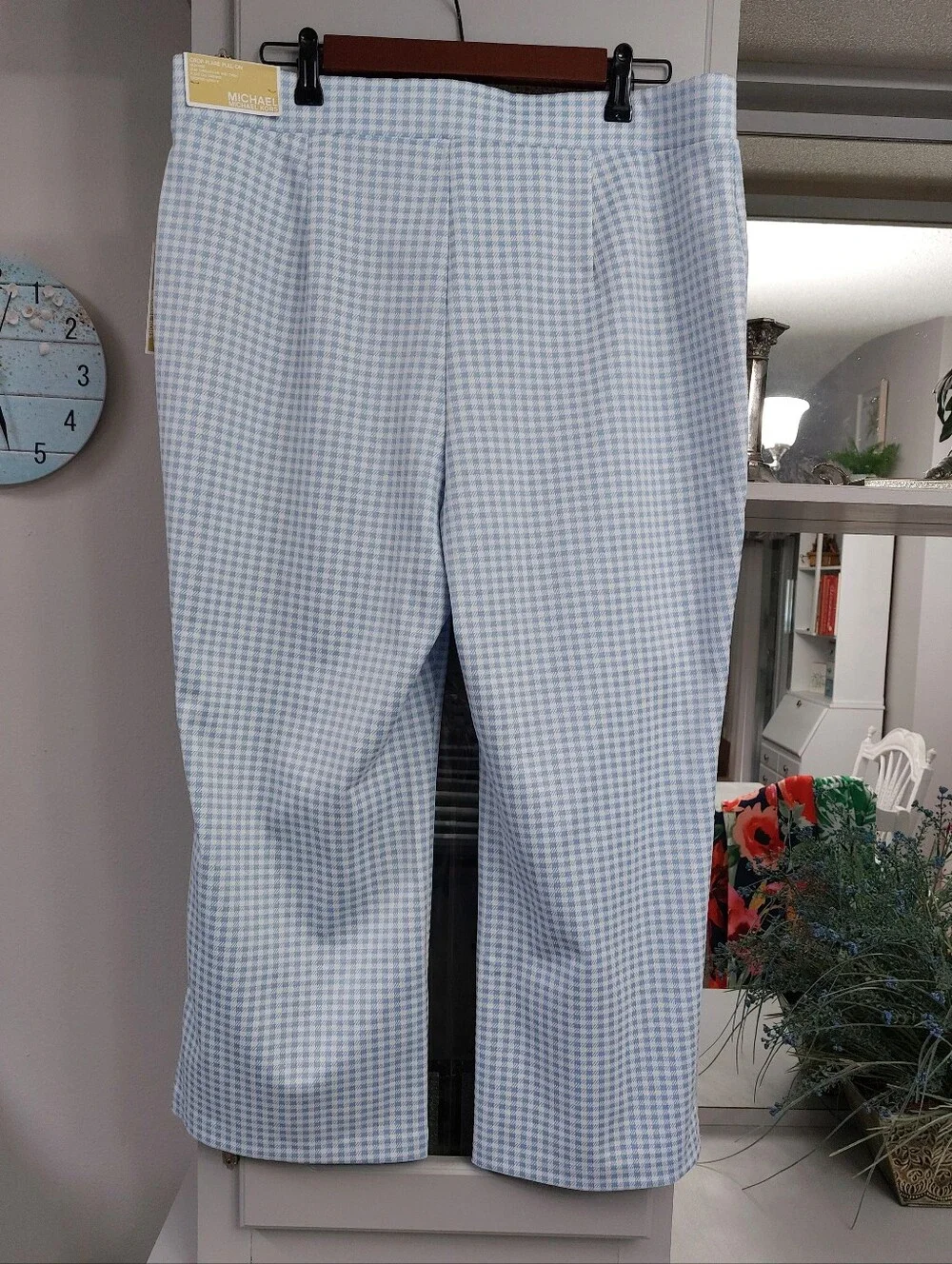 Michael Kors Crop Flare Pull On Pants Pastel Blue Gingham NWT